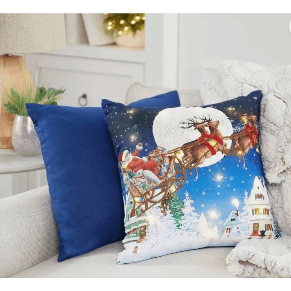 Home Reflections 18"‎ Holiday Pillows  Santa Reindeer Sleigh 1 LED, 1 Solid New